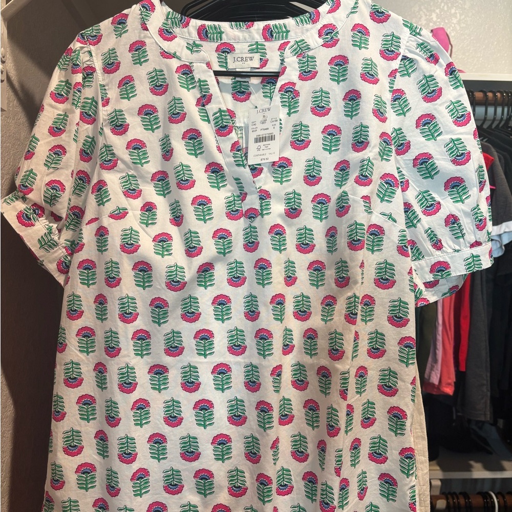 J.Crew White Top with Pink and Green Leaf Print